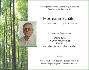 Traueranzeige von Hermann Schäfer von FZ