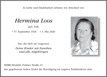 Traueranzeige von Hermina Loos von FZ
