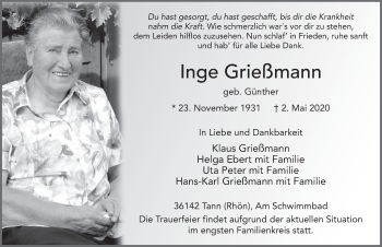 Traueranzeige von Inge Grießmann von FZ