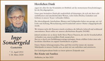 Traueranzeige von Inge Sondergeld von FZ