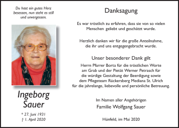 Traueranzeige von Ingeborg Sauer von FZ