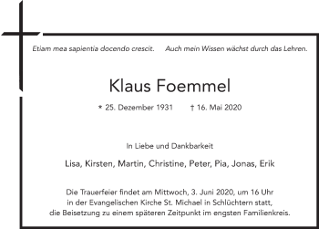 Traueranzeige von Klaus Foemmel von FZ