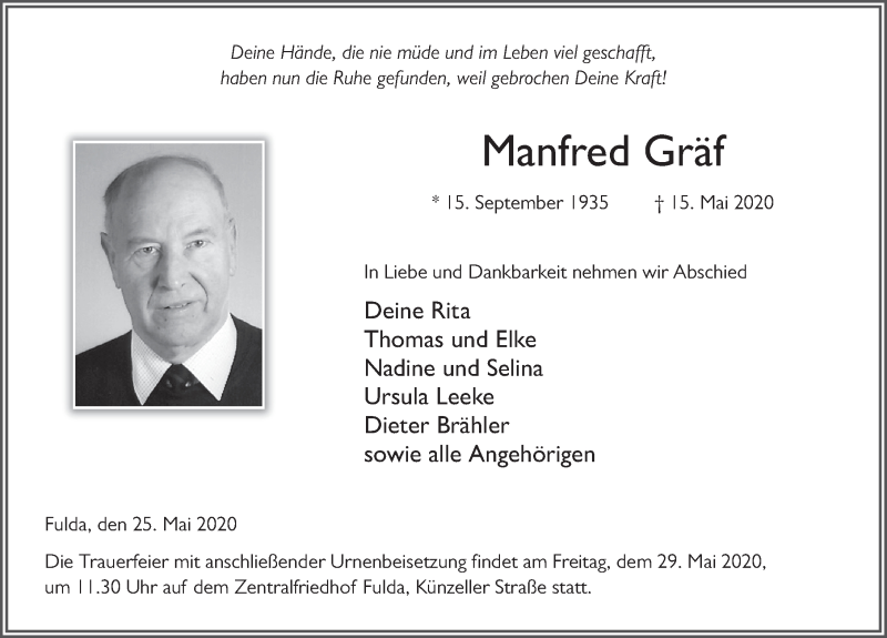  Traueranzeige für Manfred Gräf vom 25.05.2020 aus FZ