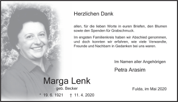 Traueranzeige von Marga Lenk von FZ