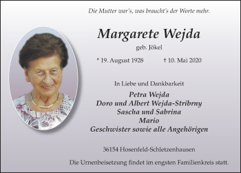 Traueranzeige von Margarete Wejda von FZ