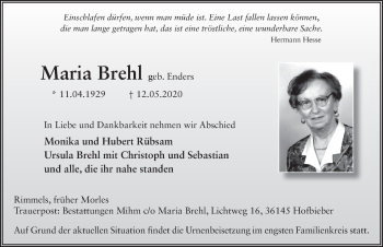 Traueranzeige von Maria Brehl von FZ