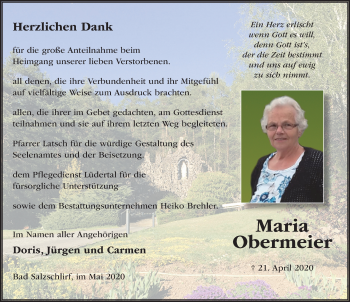 Traueranzeige von Maria Obermeier von FZ