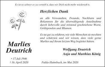 Traueranzeige von Marlies Deutrich von FZ
