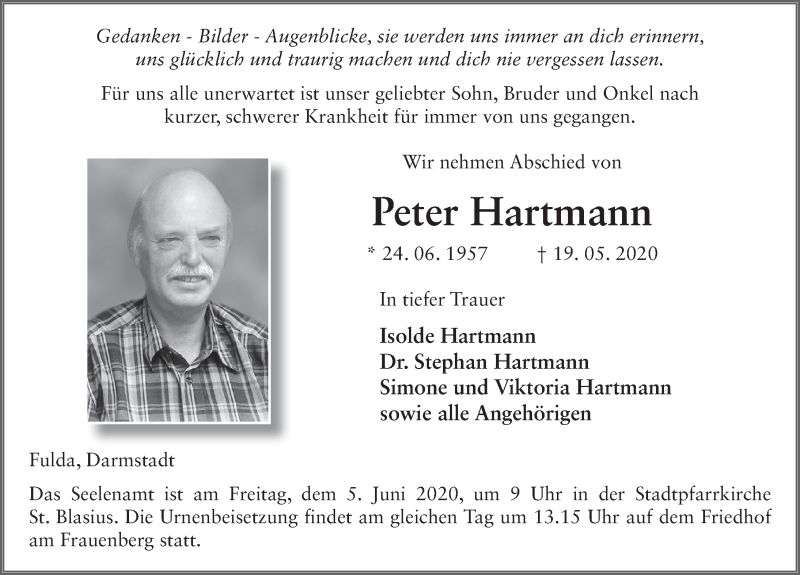  Traueranzeige für Peter Hartmann vom 29.05.2020 aus FZ