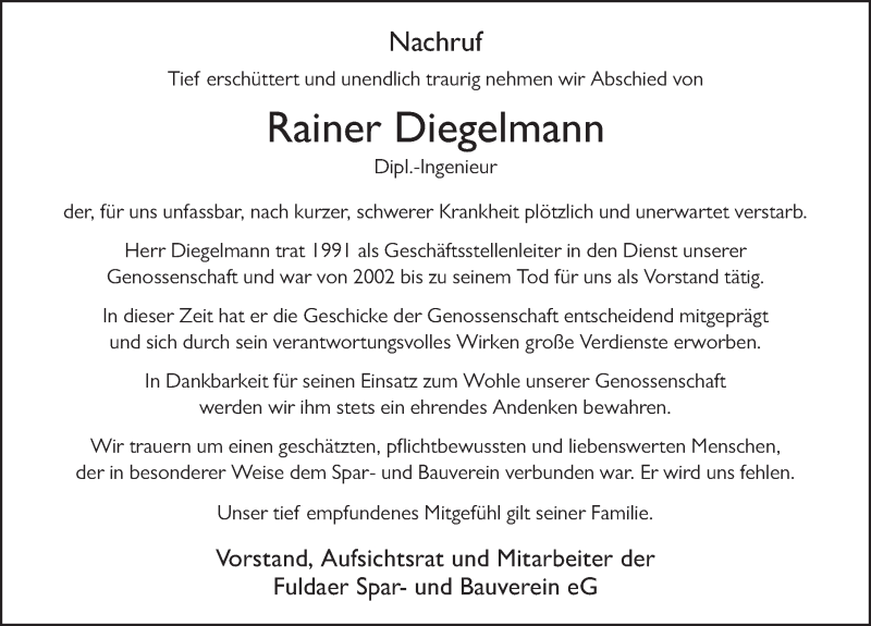  Traueranzeige für Rainer Diegelmann vom 12.05.2020 aus FZ