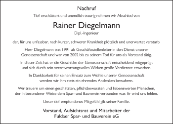 Traueranzeige von Rainer Diegelmann von FZ