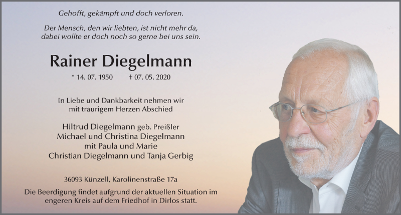  Traueranzeige für Rainer Diegelmann vom 12.05.2020 aus FZ