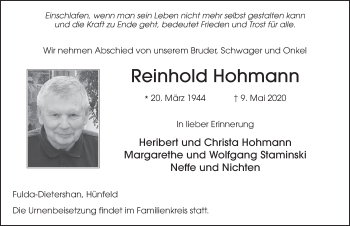 Traueranzeige von Reinhold Hohmann von FZ