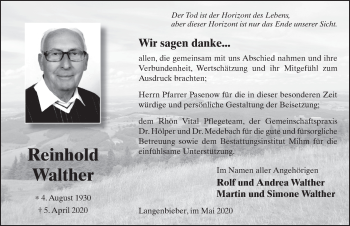Traueranzeige von Reinhold Walther von FZ