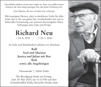 Traueranzeige von Richard Neu von FZ