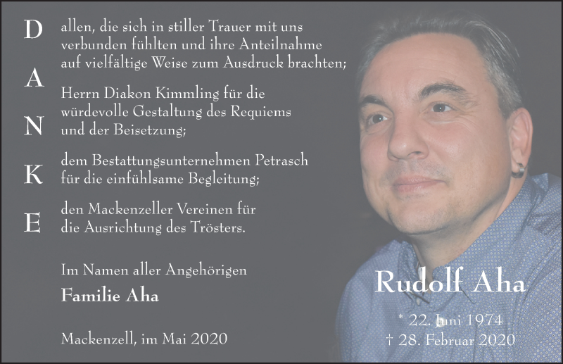  Traueranzeige für Rudolf Aha vom 20.05.2020 aus FZ