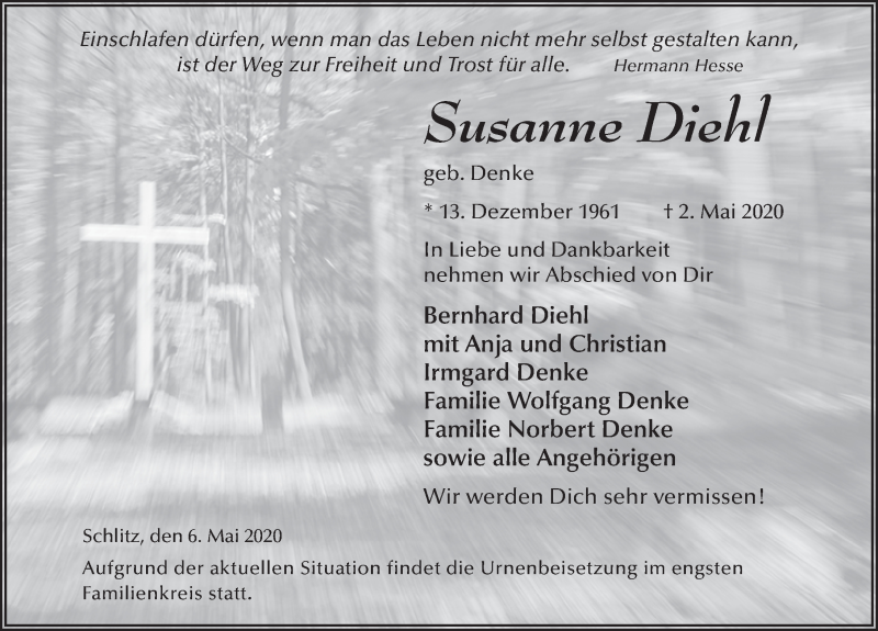  Traueranzeige für Susanne Diehl vom 06.05.2020 aus FZ