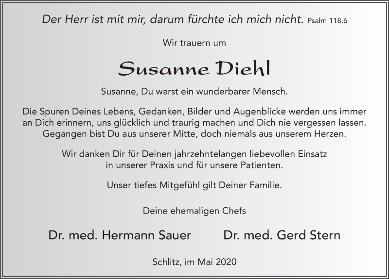  Traueranzeige für Susanne Diehl vom 06.05.2020 aus FZ