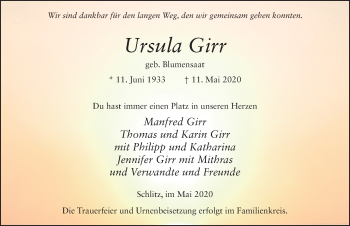 Traueranzeige von Ursula Girr von FZ