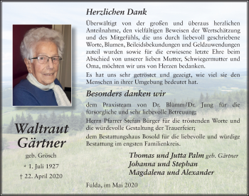 Traueranzeige von Waltraud Gärtner von FZ