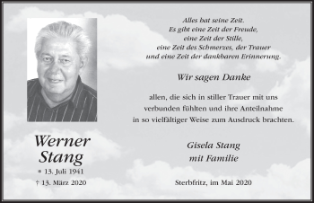 Traueranzeige von Werner Stang von FZ