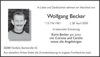 Traueranzeige von Wolfgang Becker von FZ