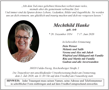 Traueranzeige von Mechthild Hanke von FZ