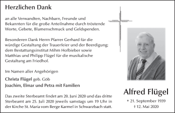 Traueranzeige von Alfred Flügel von FZ
