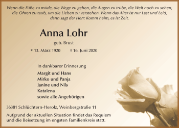 Traueranzeige von Anna Lohr von FZ