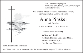 Traueranzeige von Anna Pinsker von FZ
