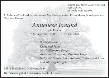 Traueranzeige von Anneliese Freund von FZ