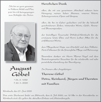 Traueranzeige von August Göbel von FZ