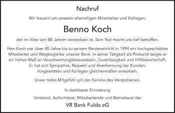 Traueranzeige von Benno Koch von FZ