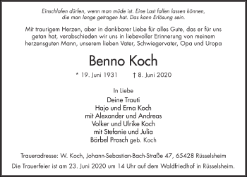 Traueranzeige von Benno Koch von FZ