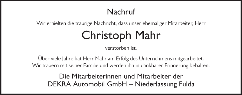  Traueranzeige für Christoph Mahr vom 02.06.2020 aus FZ