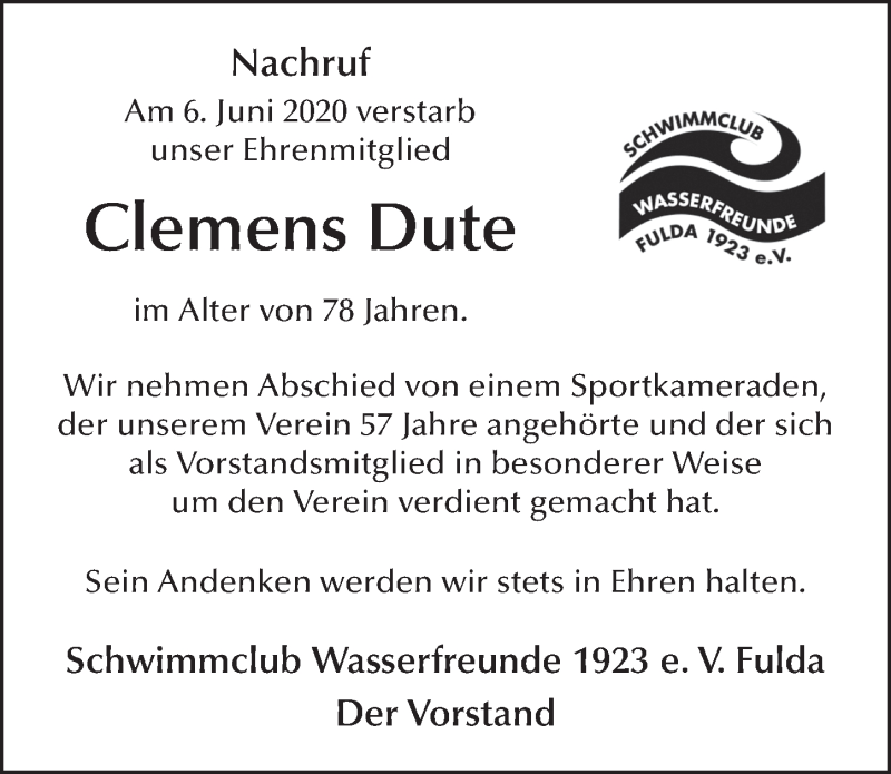  Traueranzeige für Clemens Dute vom 19.06.2020 aus FZ