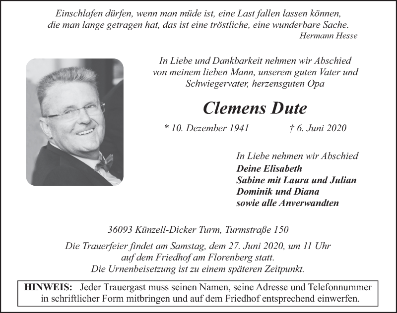  Traueranzeige für Clemens Dute vom 19.06.2020 aus FZ