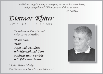 Traueranzeige von Dietmar Klüter von FZ