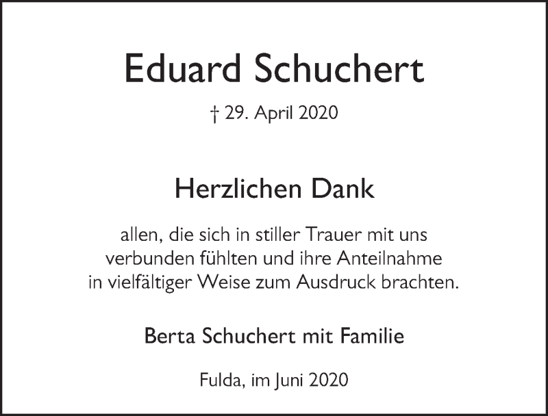  Traueranzeige für Eduard Schuchert vom 04.06.2020 aus FZ