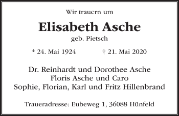 Traueranzeige von Elisabeth Asche von FZ