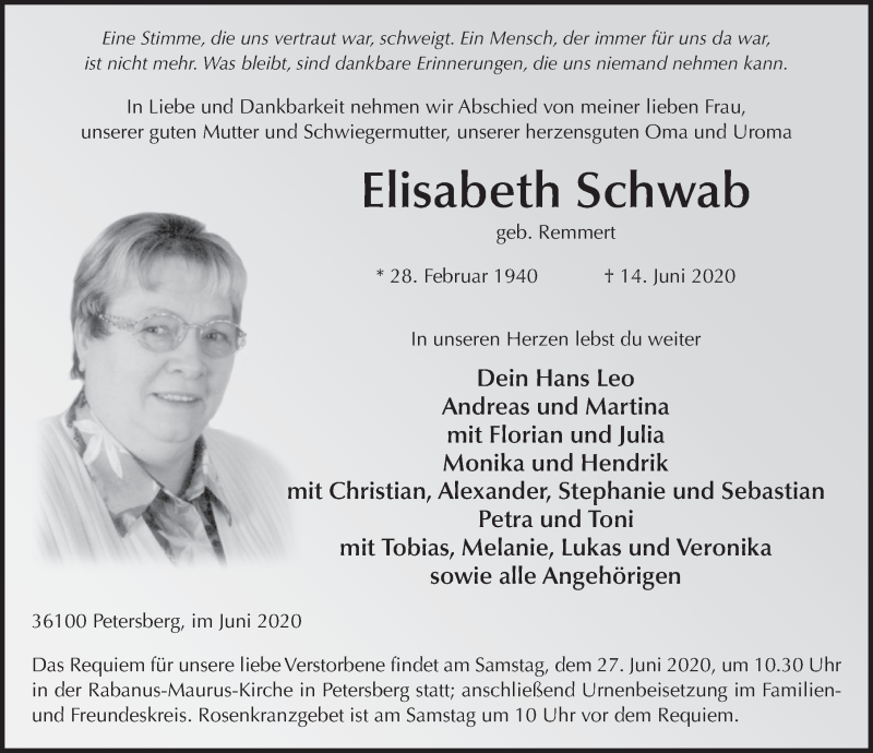  Traueranzeige für Elisabeth Schwab vom 17.06.2020 aus FZ