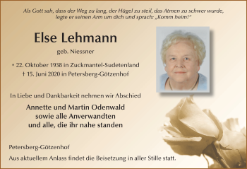 Traueranzeige von Else Lehmann von FZ