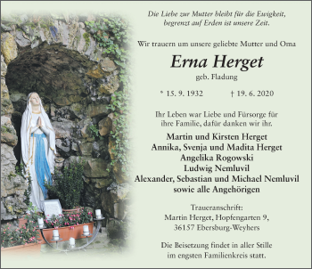 Traueranzeige von Erna Herget von FZ