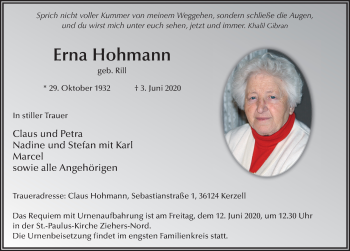 Traueranzeige von Erna Hohmann von FZ