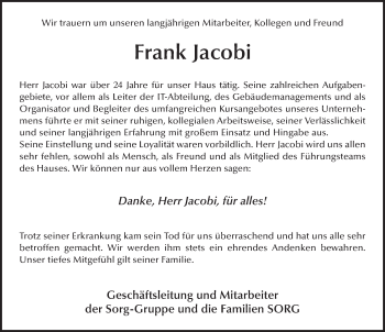 Traueranzeige von Frank Jacobi von FZ