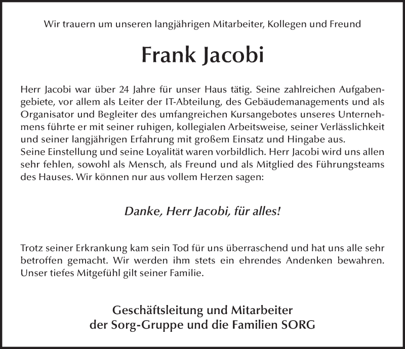  Traueranzeige für Frank Jacobi vom 25.06.2020 aus FZ