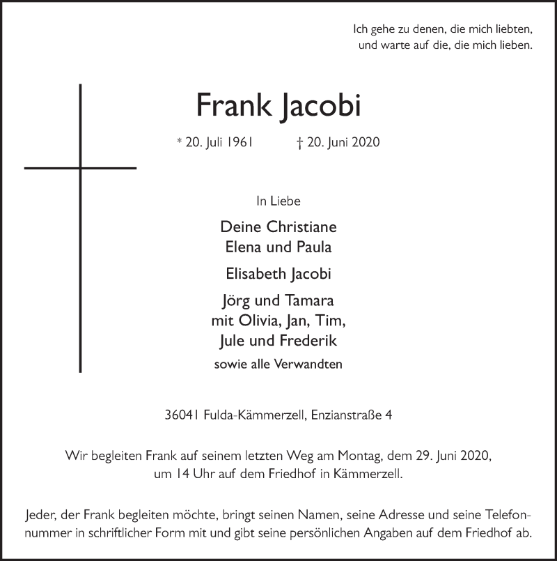  Traueranzeige für Frank Jacobi vom 25.06.2020 aus FZ