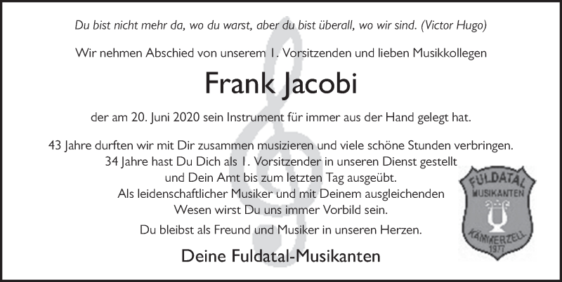  Traueranzeige für Frank Jacobi vom 25.06.2020 aus FZ