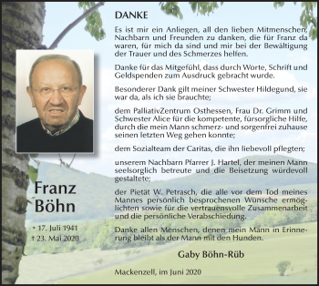 Traueranzeige von Franz Böhn von FZ