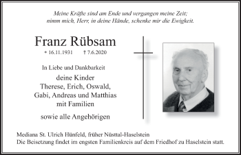 Traueranzeige von Franz Rübsam von FZ